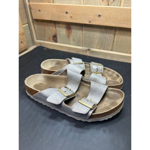 Birkenstock Arizona Womens Leather Sandals EU38 US7 Silver Metallic Double Strap - Picture 1 of 8
